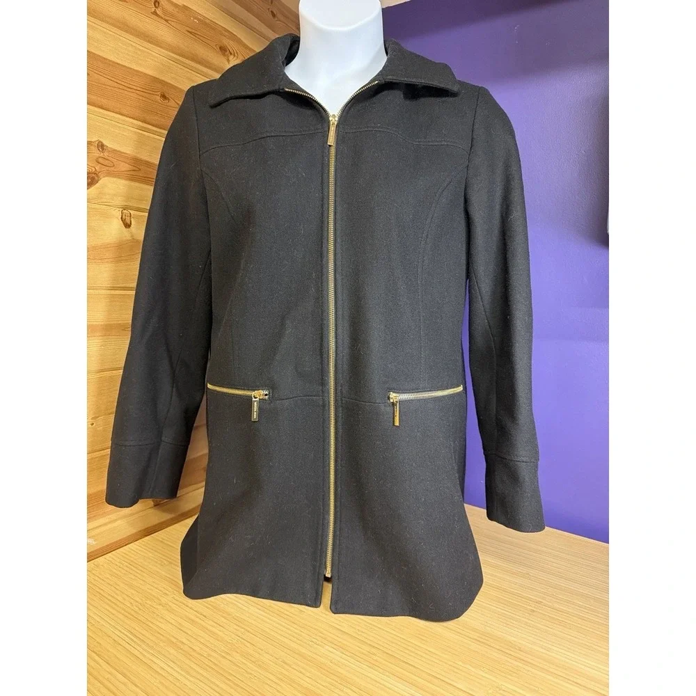 Michael Kors Black Hooded Wool Blend Coat Gold Zip Womens Approx‎ XL